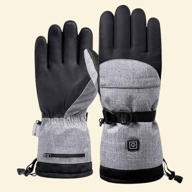 Warmweave heated ski gloves shown in front and back view with touchscreen fingertips and on-glove power button